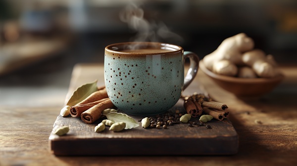 Tasse fumante de Chai Douceur, entourée de cannelle, cardamome, clous de girofle et gingembre séché.