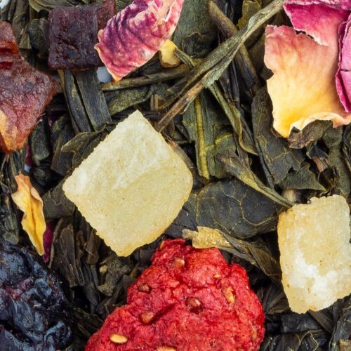 Feuilles de Thé Vert Cerise Framboise – mélange de Sencha, cerises et morceaux de framboises