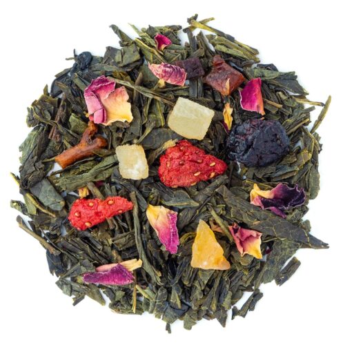 Feuilles de Thé Vert Cerise Framboise – mélange de Sencha, cerises et morceaux de framboises