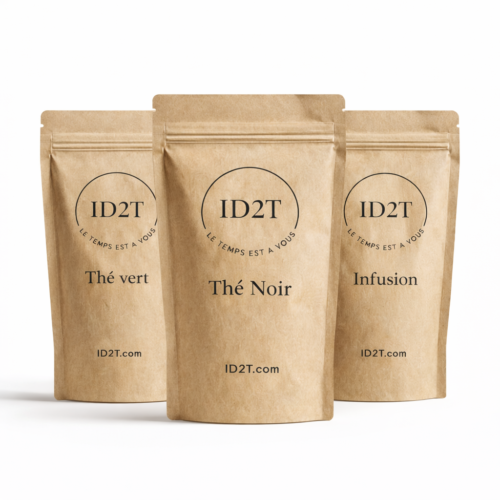 Coffrets de thé ID2T avec trois sachets kraft : thé vert, thé noir et infusion