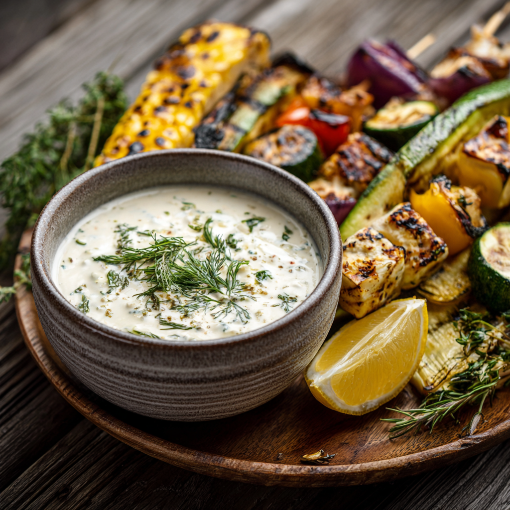 Sauce yaourt au thé servie dans un bol pour barbecue et apéro