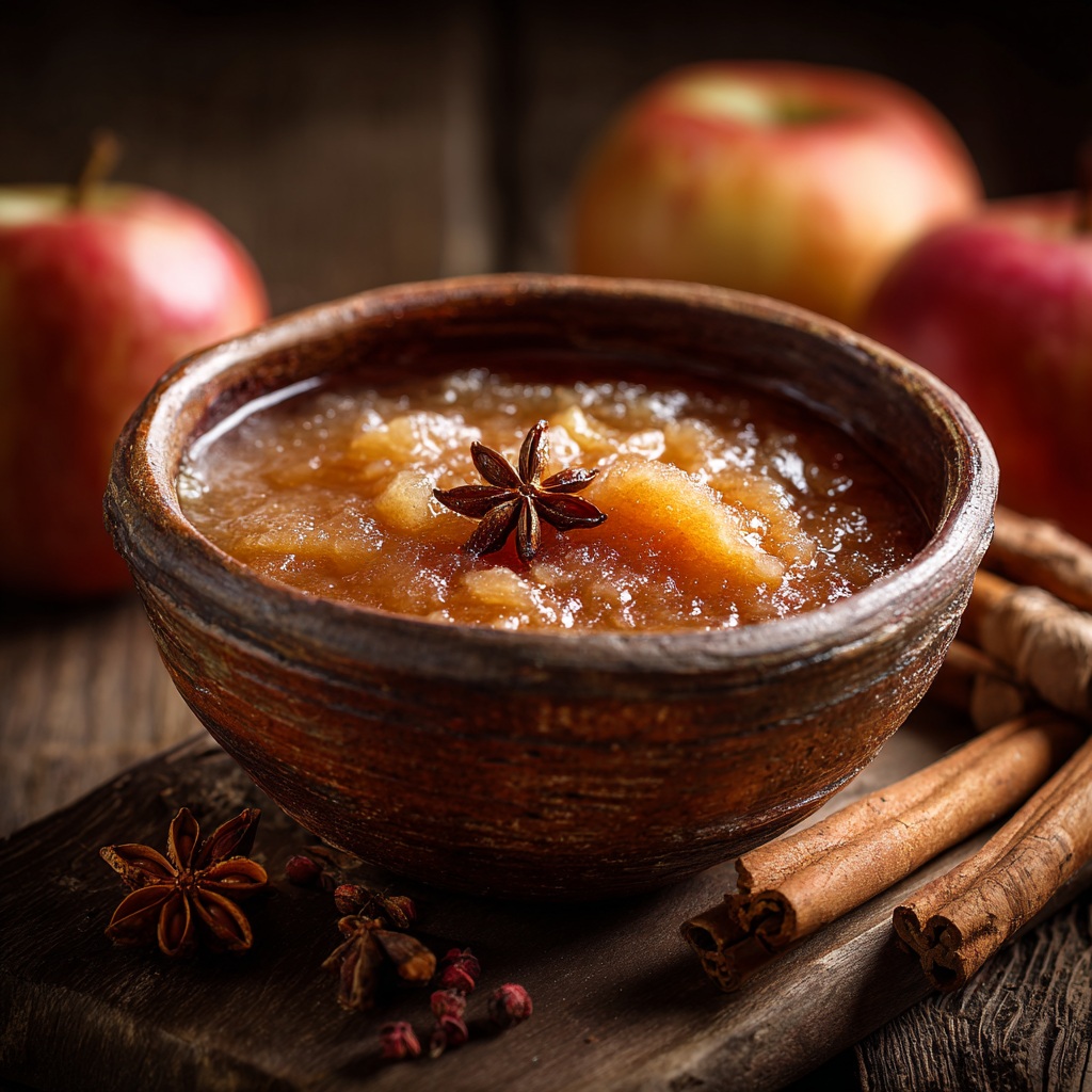 Compote de pommes infusée servie en bol avec épices et tisane Force Intérieure
