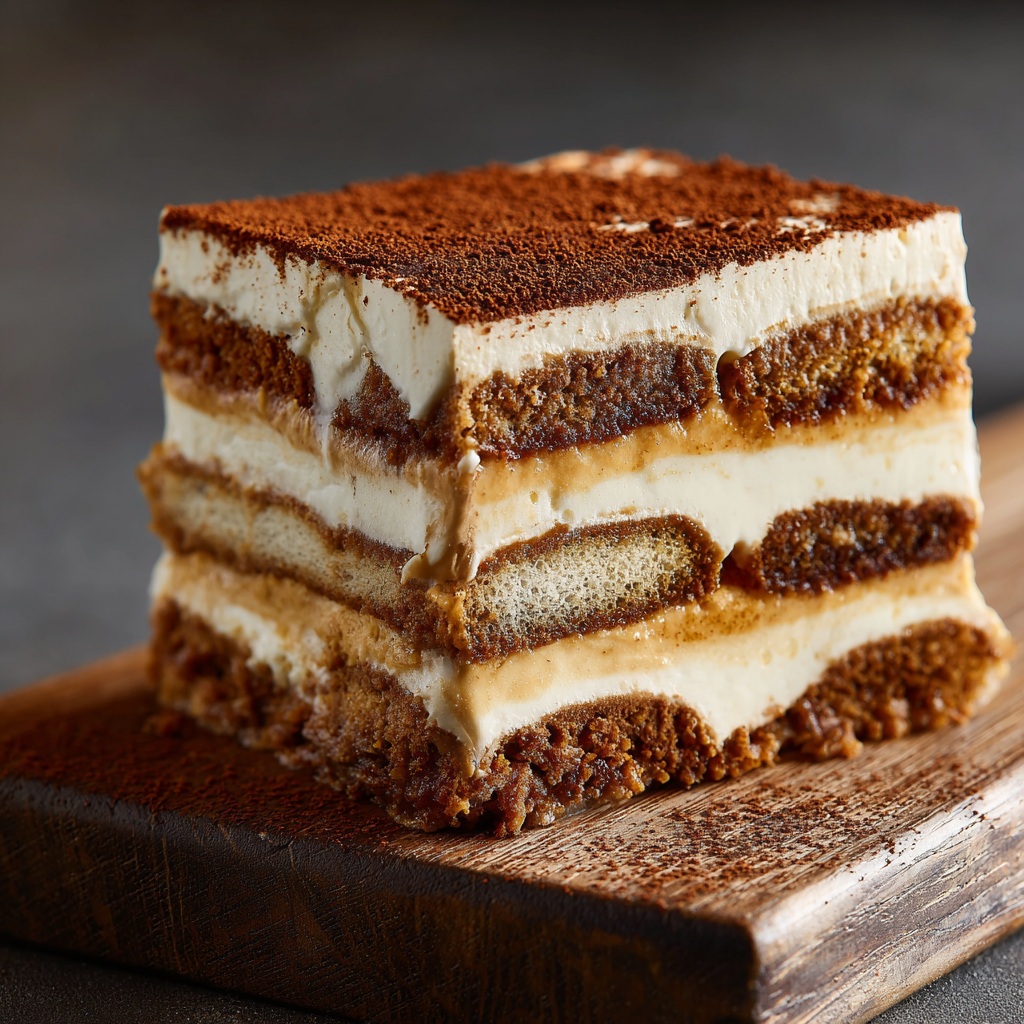 Part de tiramisù spéculoos au thé avec couches visibles biscuit et crème