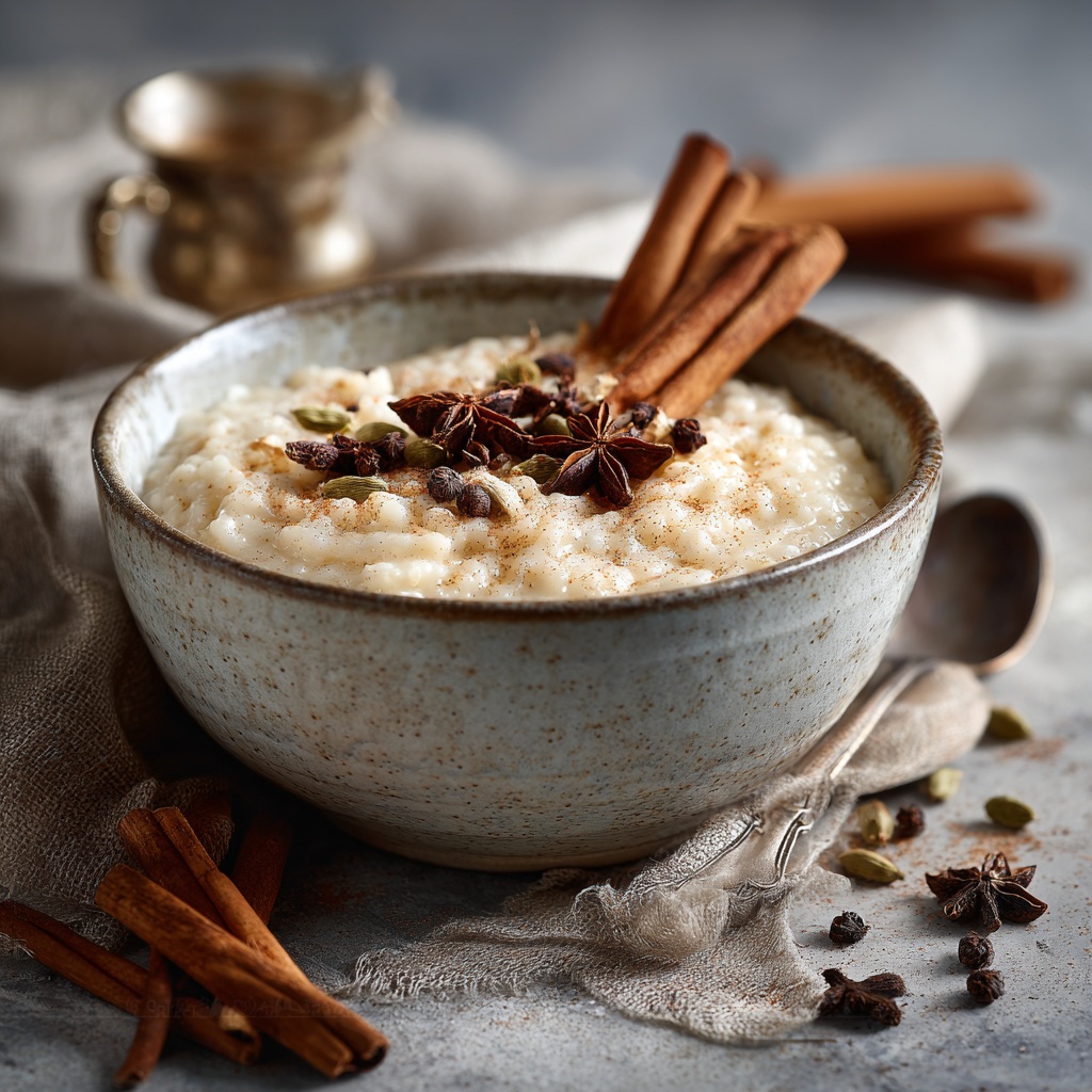 Riz au lait épicé servi en bol avec cannelle et tisane Force Intérieure