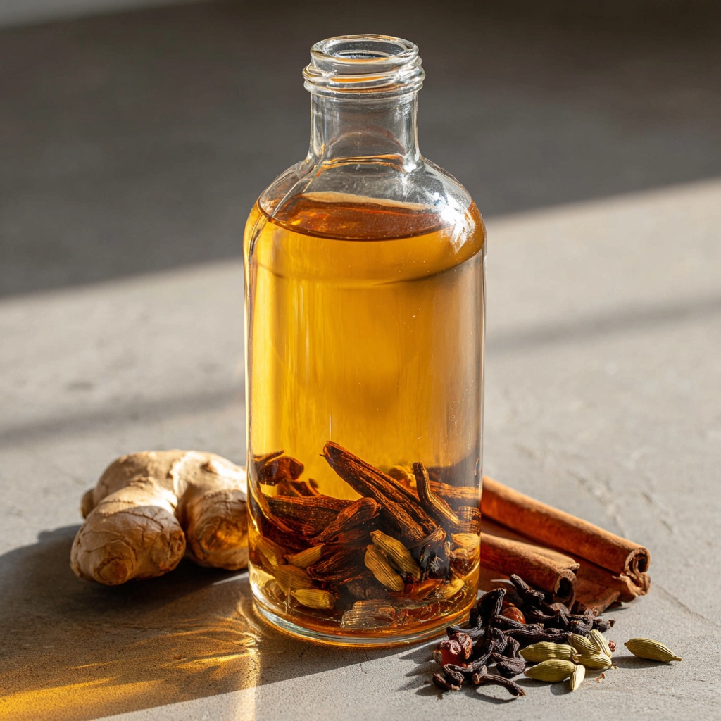 Sirop Force Intérieure en bouteille avec épices visibles et infusion