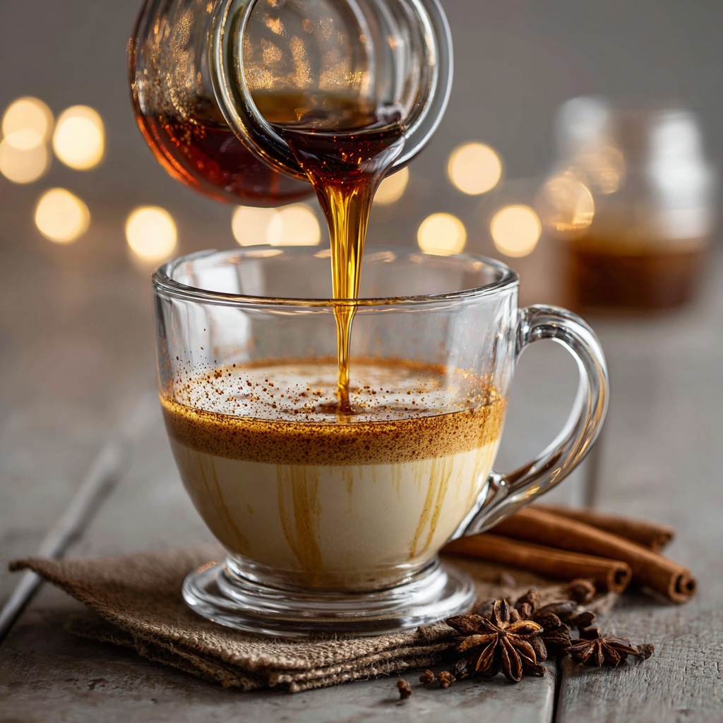 Sirop épicé versé dans une boisson chaude type latte