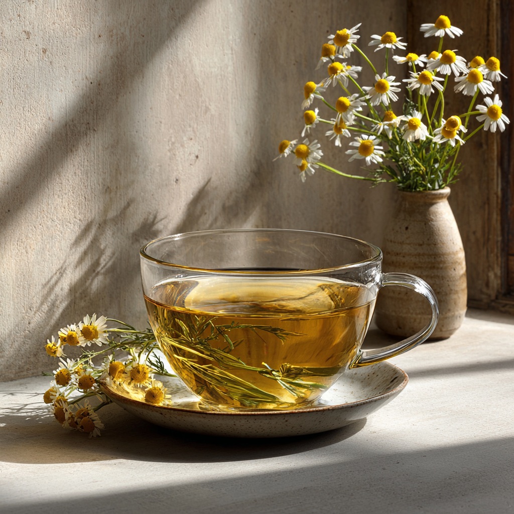 bienfaits camomille infusion dans une tasse avec fleurs de camomille et lumière naturelle