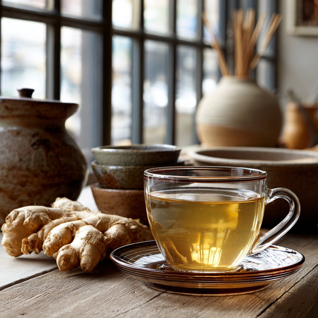 bienfaits gingembre infusion dans une tasse avec racine de gingembre et lumière naturelle