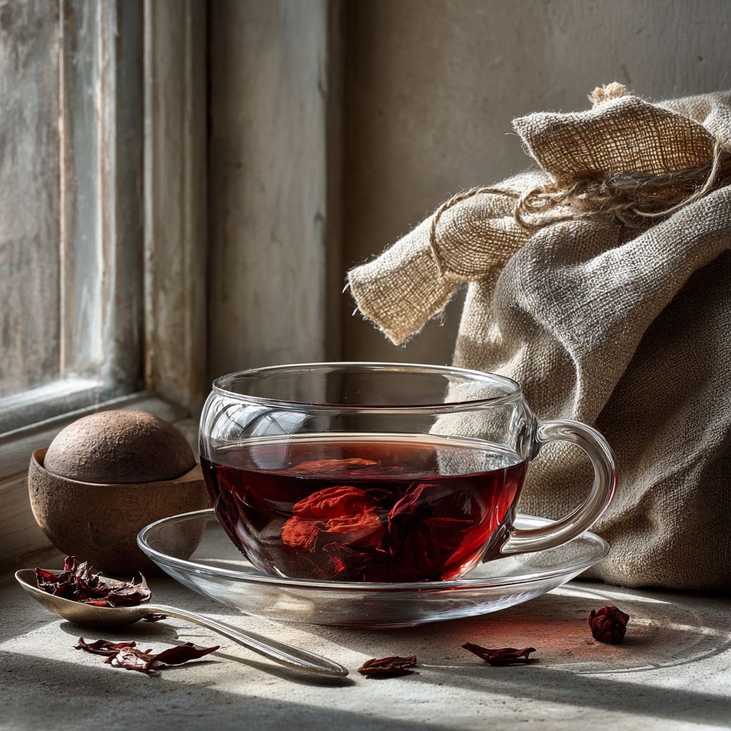 bienfaits hibiscus infusion rouge en tasse avec lumière naturelle et ambiance calme
