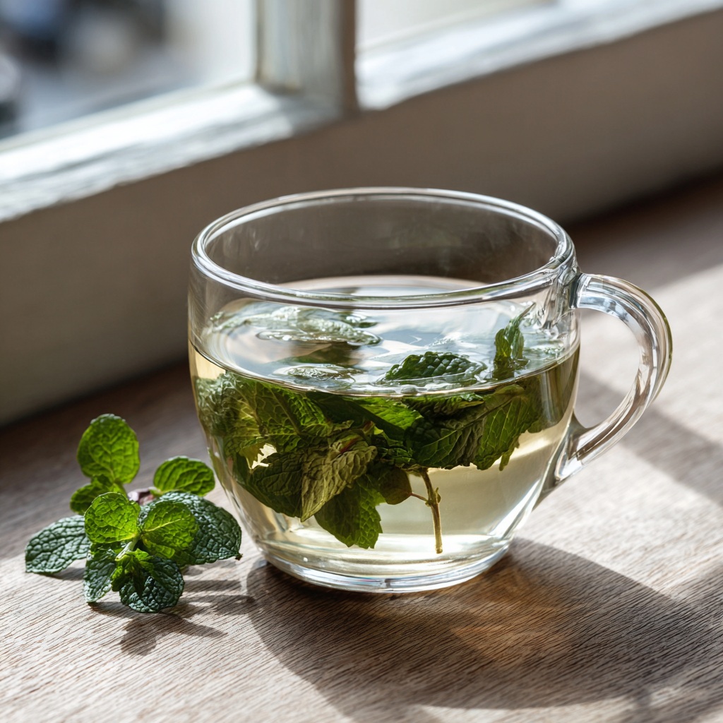 bienfaits menthe infusion dans une tasse avec feuilles de menthe et lumière naturelle