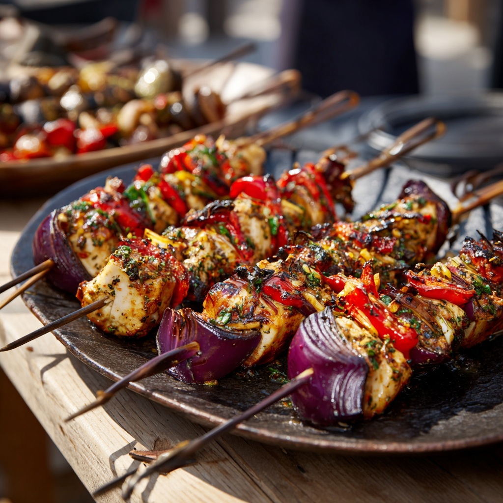 Brochettes au thé fumé en cuisson sur barbecue avec légumes