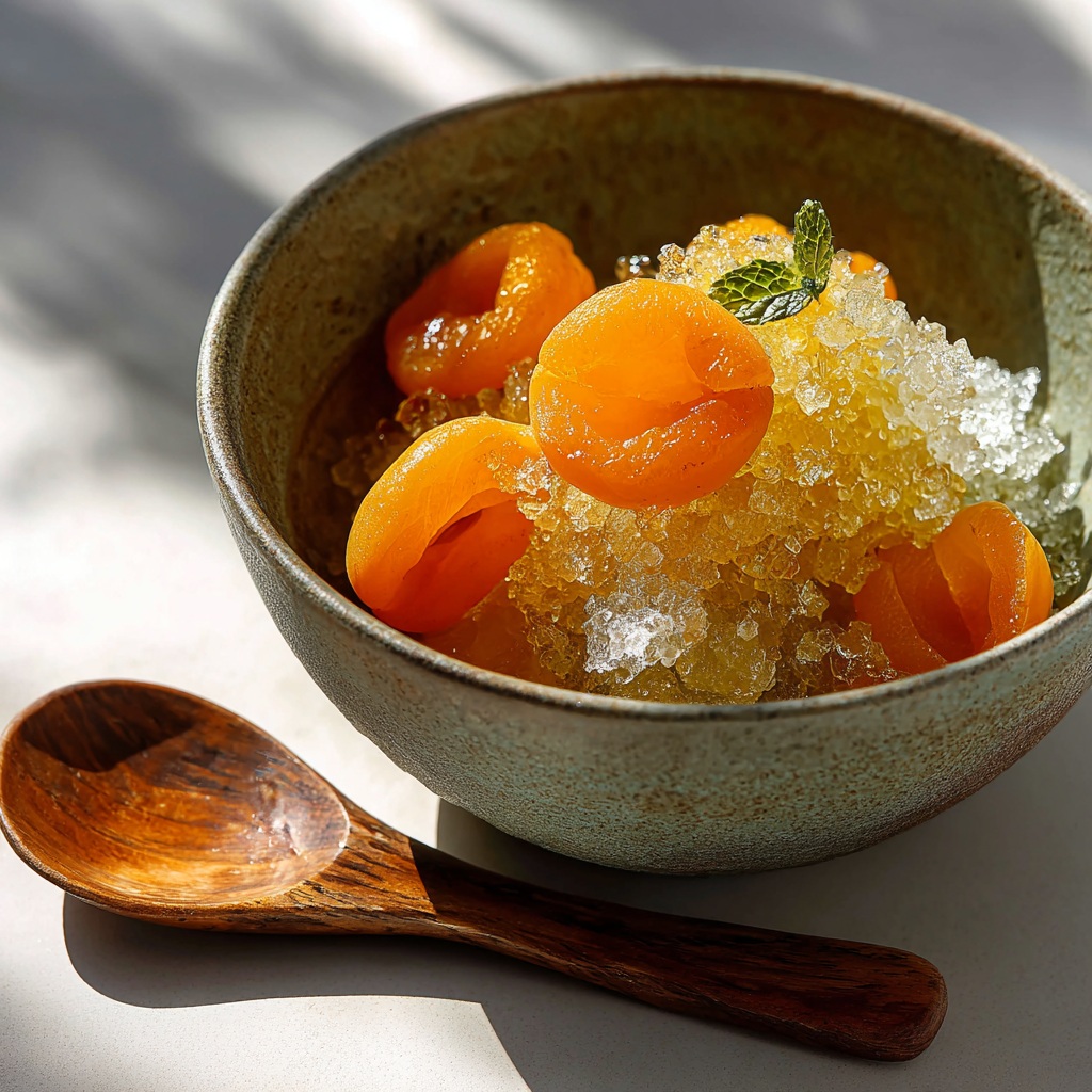 Granité thé vert abricot servi en verrine, dessert frais pour les beaux jours