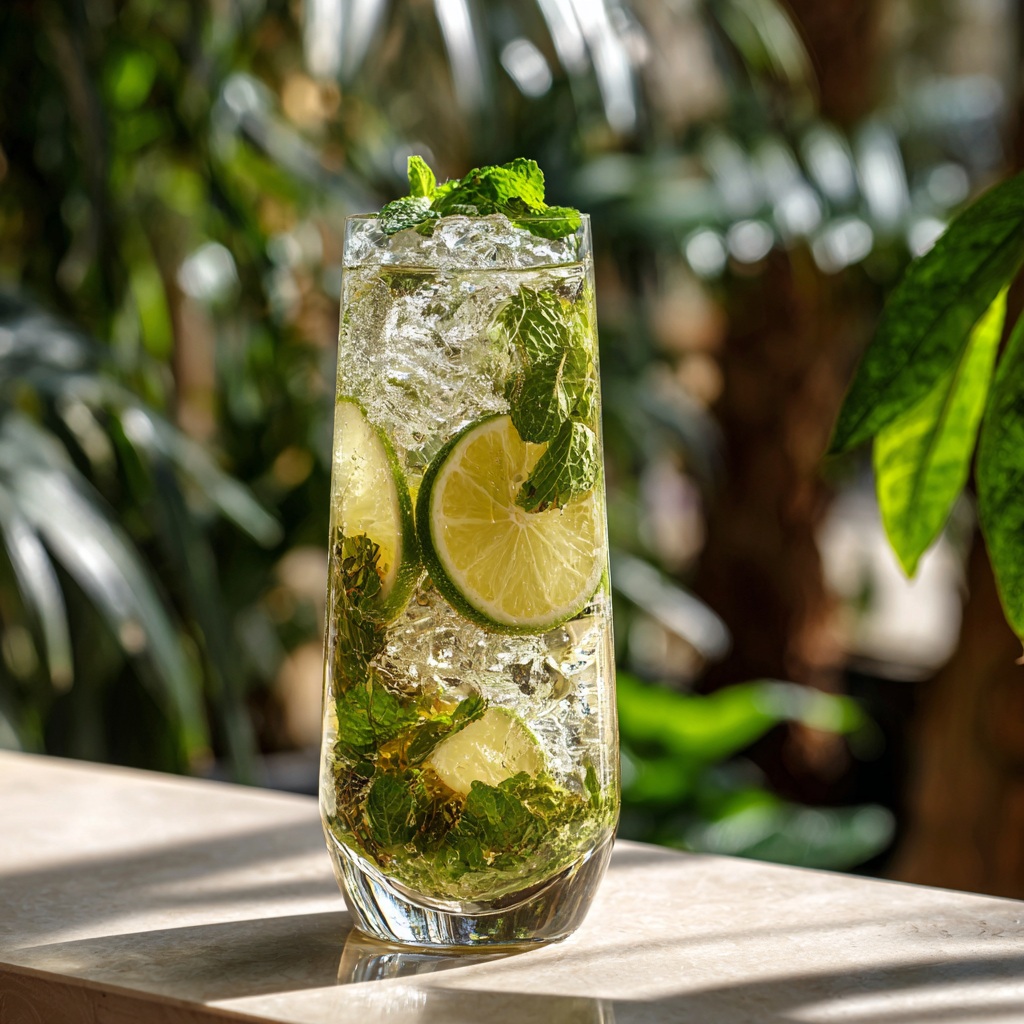 Mojito sans alcool thé vert menthe servi avec citron vert et menthe fraîche du jardin