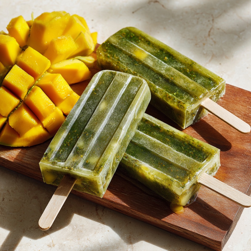 Popsicle thé vert mangue maison avec morceaux de mangue fraîche