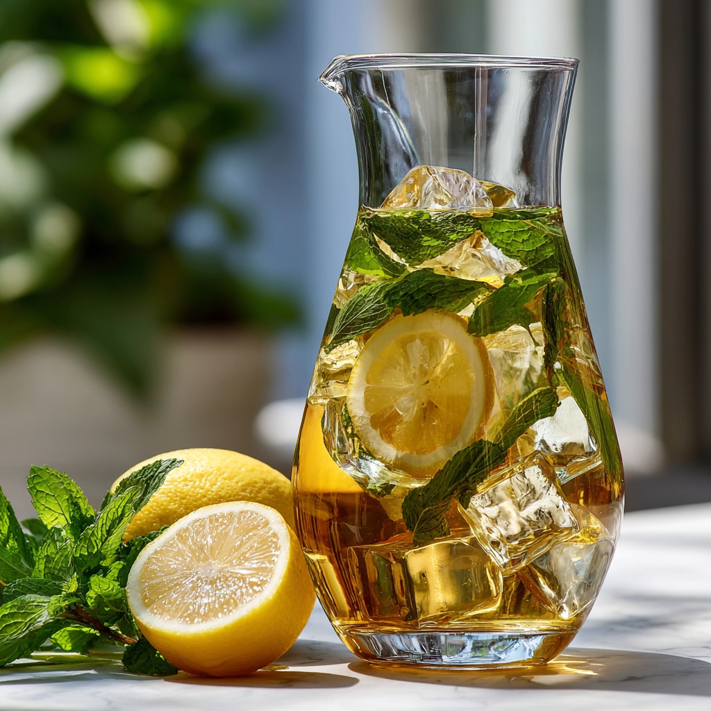 Thé glacé menthe maison en carafe avec menthe fraîche du jardin
