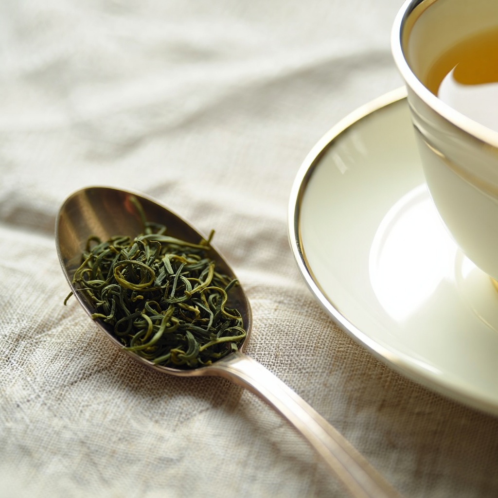 Cuillère à café de thé en vrac posée sur une table en bois, à côté d'une tasse en porcelaine blanche
