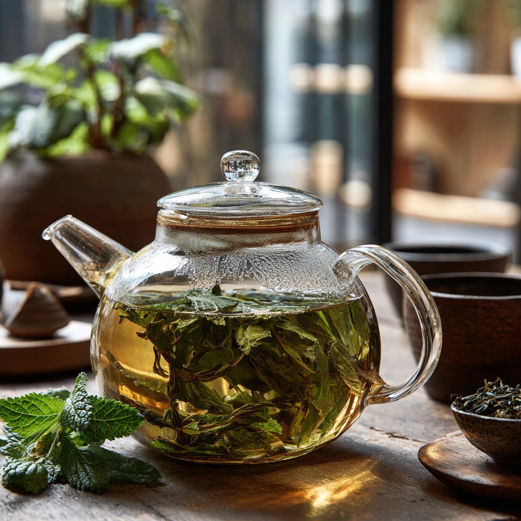 thé Gunpowder avec herbes fraîches dans une théière et lumière naturelle