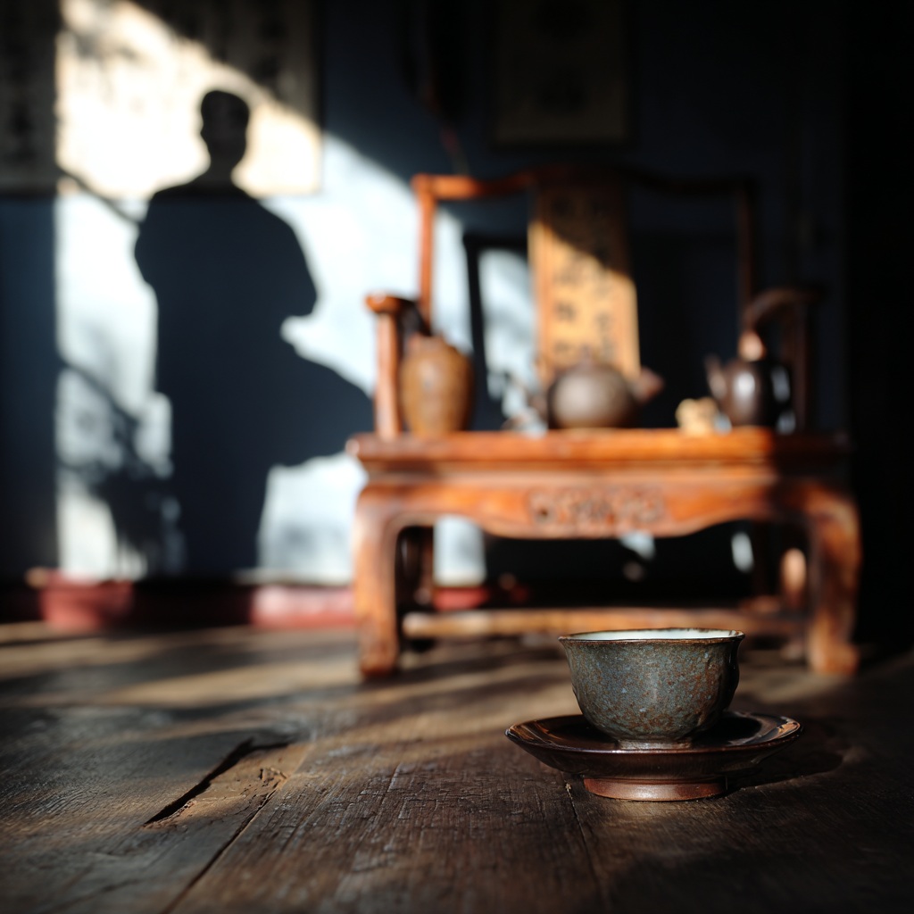 Silhouette d’un homme s’entraînant au mannequin de bois dans une ambiance de salon de thé inspirée de la culture chinoise du thé.