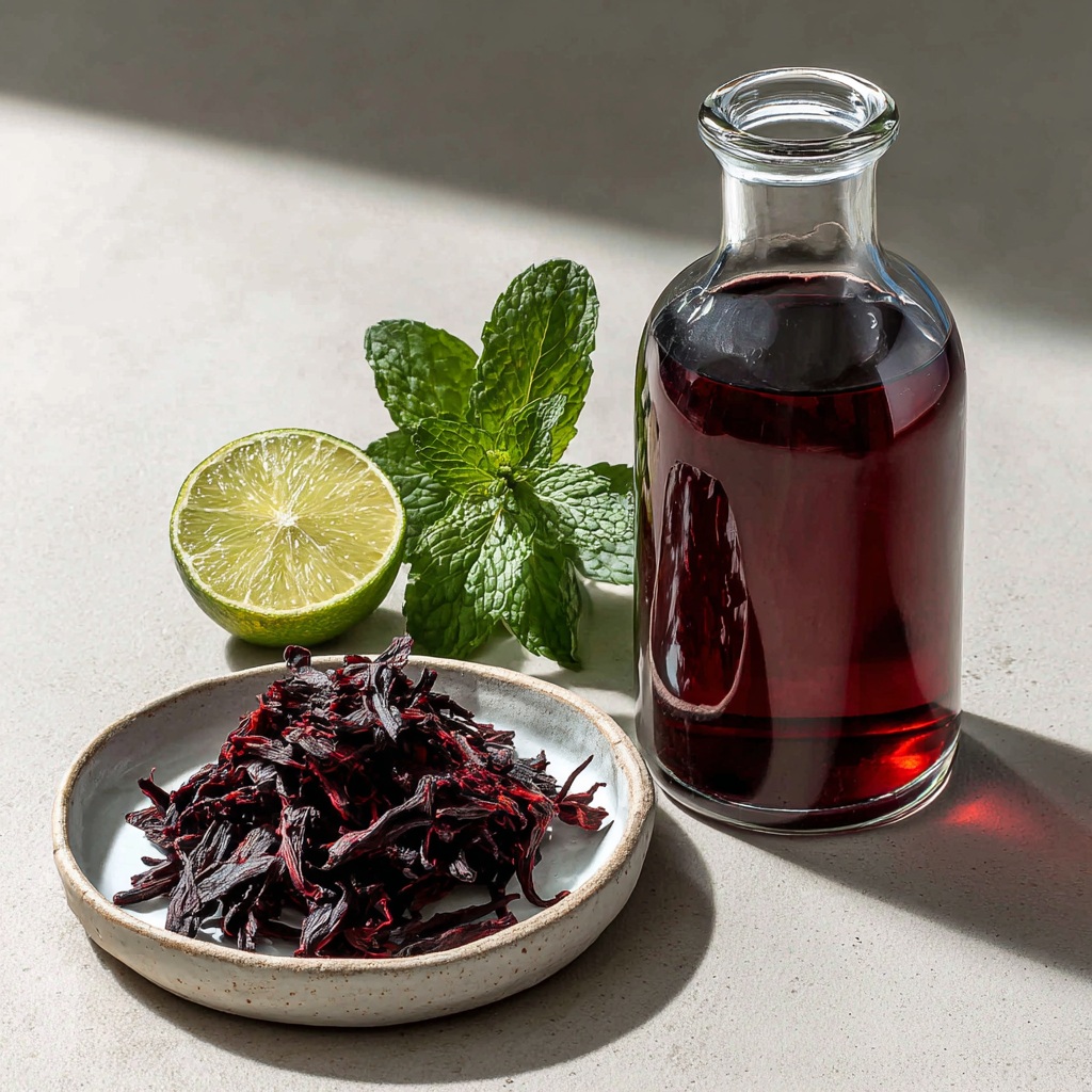 Carafe de cold brew hibiscus rouge rubis avec citron vert et menthe fraîche — ID2T salon de thé Nogent-sur-Vernisson