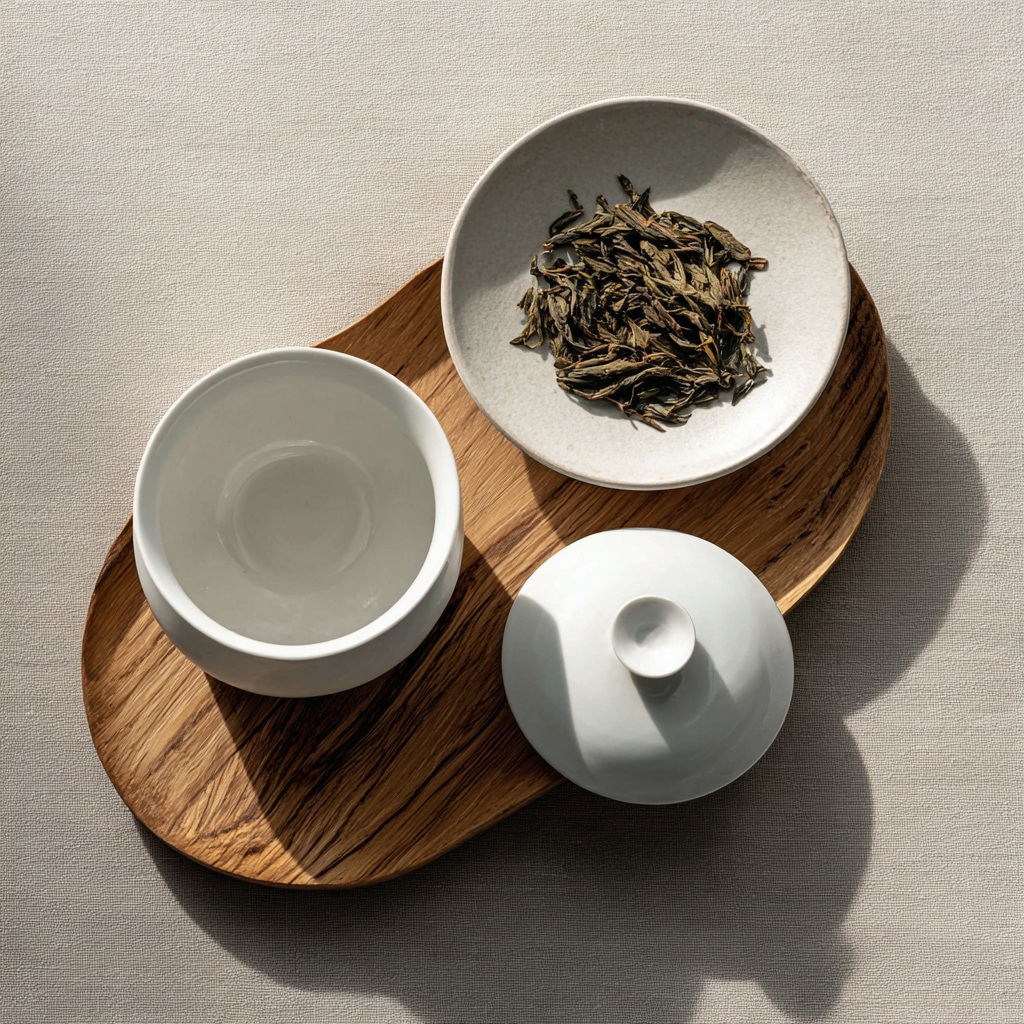 Gaiwan en porcelaine blanche avec feuilles de thé en vrac et petite balance — ID2T salon de thé Nogent-sur-Vernisson