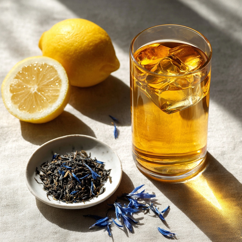 Verre de thé glacé Earl Grey au citron, zeste pressé en surface — ID2T salon de thé Nogent-sur-Vernisson