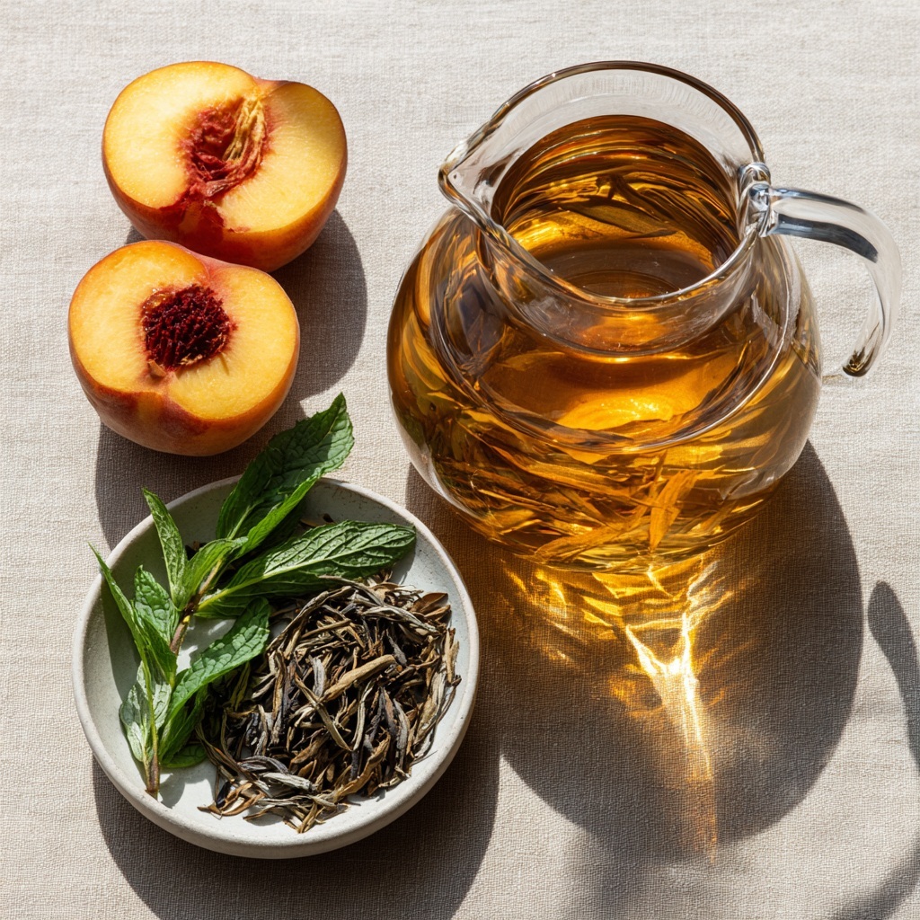 Pichet de thé glacé ambré, feuilles de thé en vrac, pêches fraîches et menthe — ID2T salon de thé Nogent-sur-Vernisson