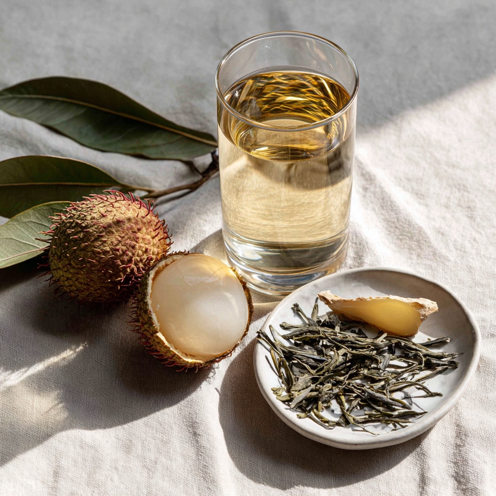 Verre de thé glacé Nuit à Tokyo, litchis frais et feuilles de menthe — ID2T salon de thé Nogent-sur-Vernisson