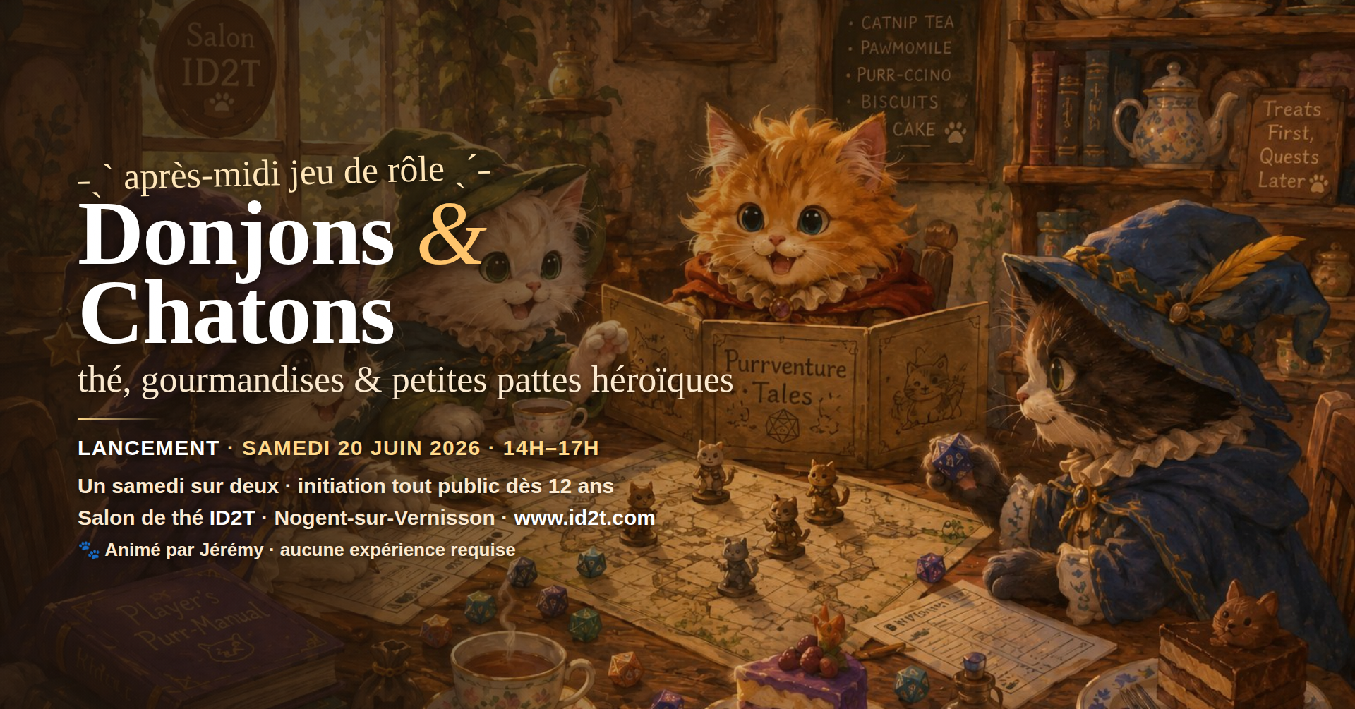 Affiche atelier jeu de rôle Donjons et Chatons au salon de thé ID2T — Nogent-sur-Vernisson, samedi 20 juin 2026