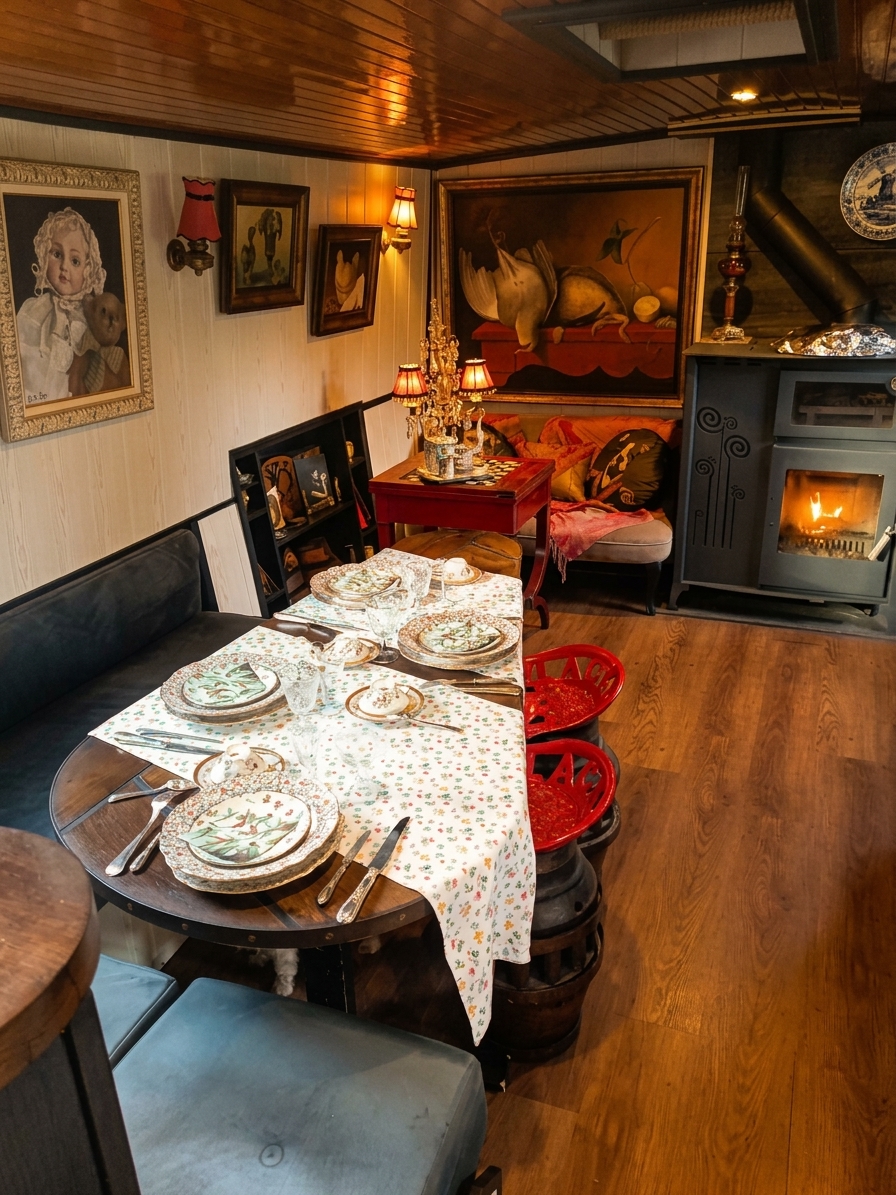 Table dressée dans le salon intérieur de La Fricadelle, près du poêle