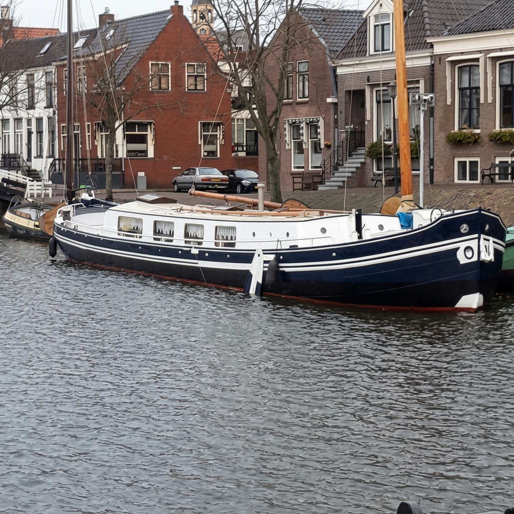 La Fricadelle, péniche hollandaise de 1934, amarrée dans un port des Pays-Bas