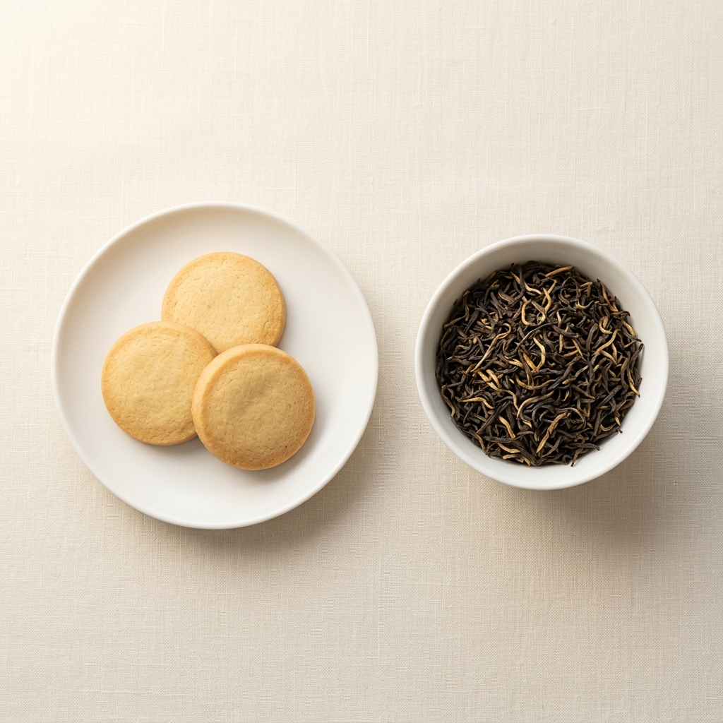 Trois shortbreads dorés sur une assiette en porcelaine blanche, à côté d'une coupelle de thé noir Assam aux pointes dorées, sur fond de lin crème.